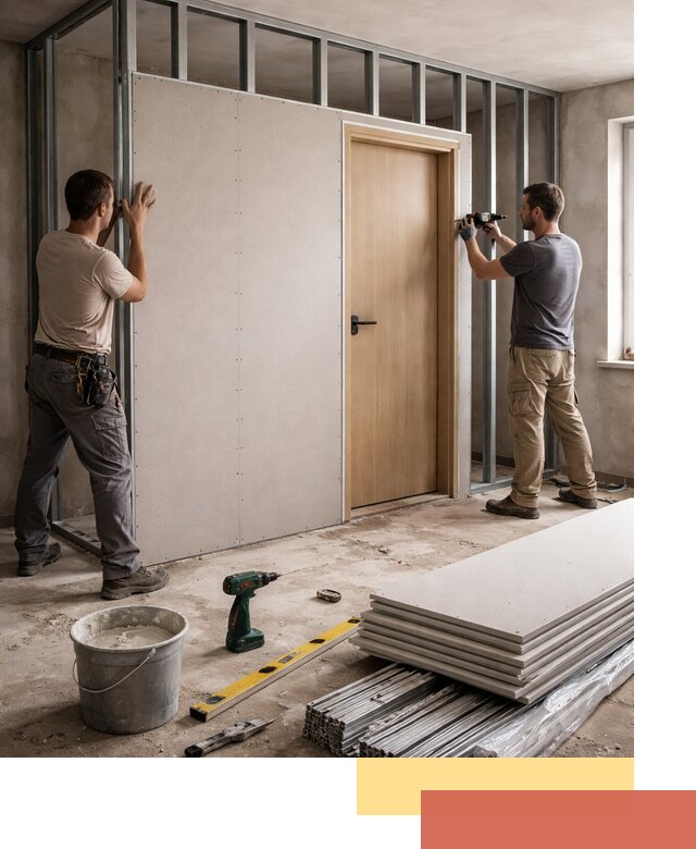 Перегородка из гипсокартона с дверью под ключ в Новошахтинске