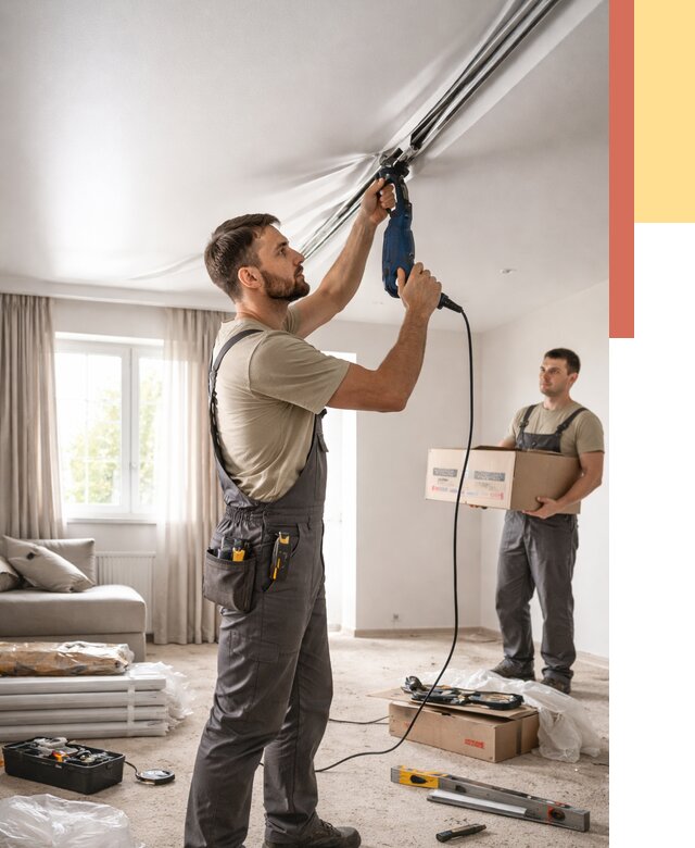 Монтаж сатинового натяжного потолка в Новошахтинске от 3646 руб. | Быстро, недорого — ОТДЕЛОЧНИК-Нвш