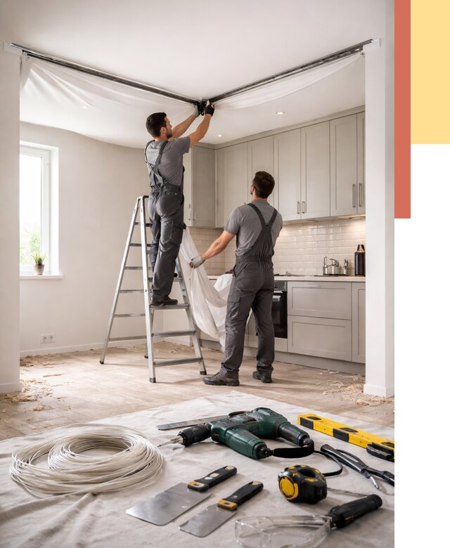 Установка натяжного потолка на кухне в Новошахтинске от 2500 руб. | ОТДЕЛОЧНИК-Нвш