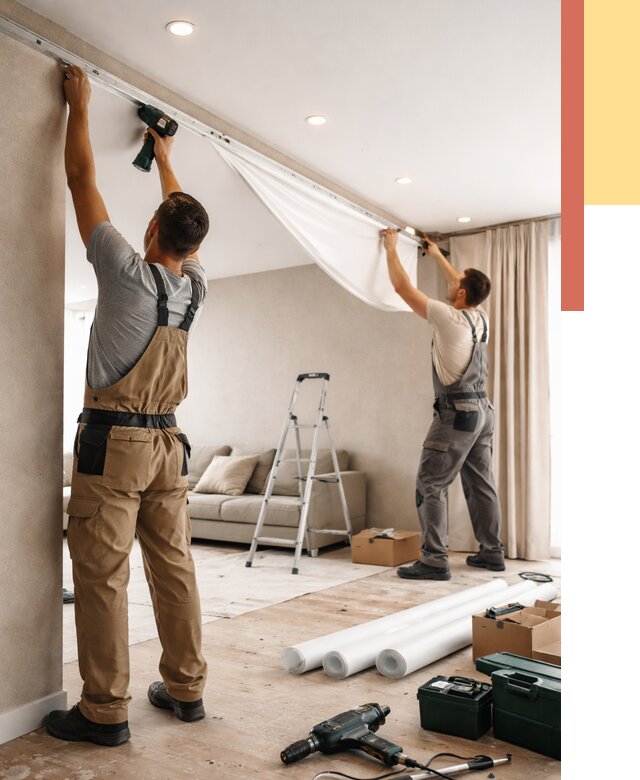 Монтаж натяжного потолка в гостиной в Новошахтинске от 573 руб. | ОТДЕЛОЧНИК-Нвш